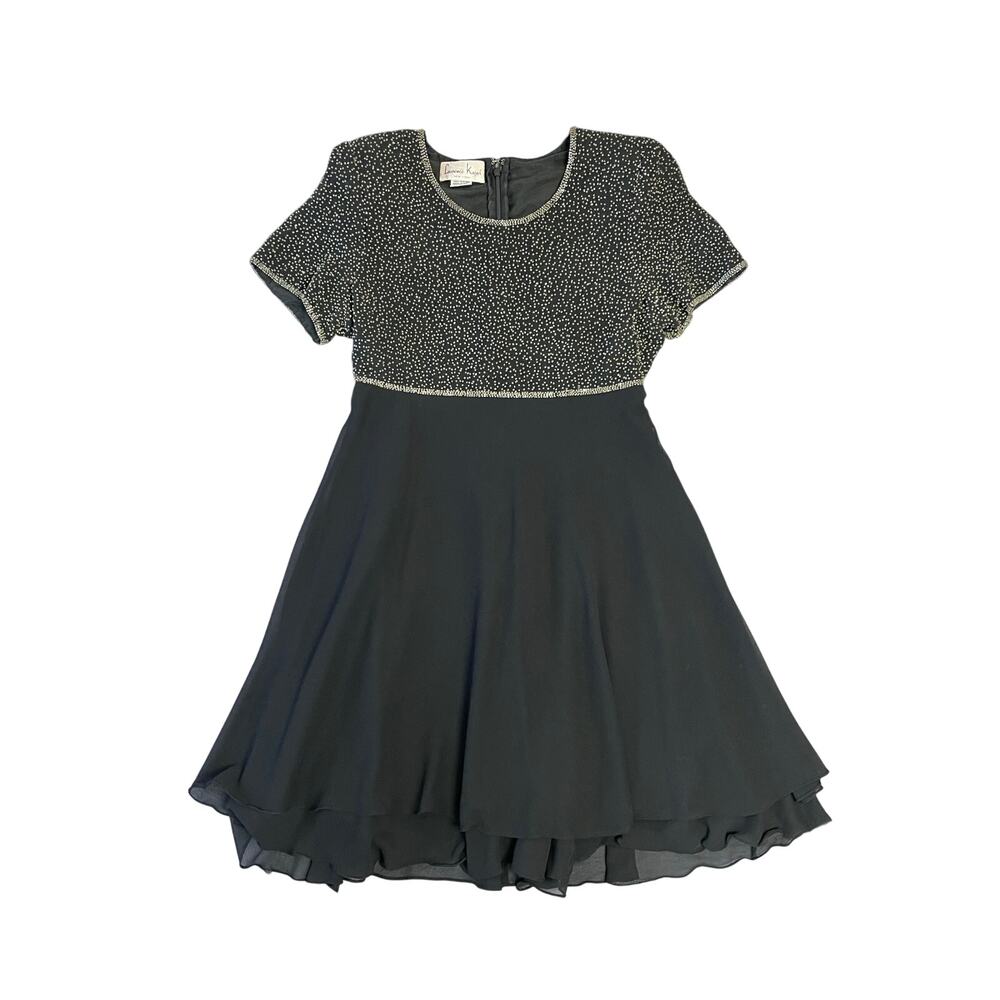 90s Vintage Black Beaded Chiffon Empire Waist Babydoll Dress Size Small LBD